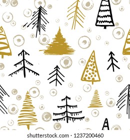 Christmas trees seamless pattern. Christmas seamless pattern with trees and elements of decor. Set of Christmas trees drawn by hand inks. Winter xmas vector illustration