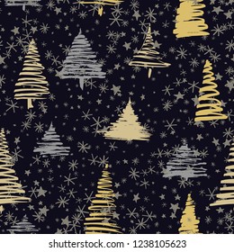 Christmas trees seamless pattern. Christmas seamless pattern with trees and elements of decor. Set of Christmas trees drawn by hand inks. Winter xmas vector illustration