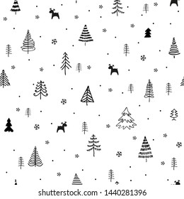 Christmas trees seamless pattern. Christmas seamless pattern with trees and elements of decor. Set of Christmas trees drawn by hand inks. Winter xmas vector illustration
