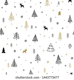 Christmas trees seamless pattern. Christmas seamless pattern with trees and elements of decor. Set of Christmas trees drawn by hand inks. Winter xmas vector illustration