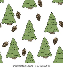 Christmas trees seamless pattern. Festive background with Christmas trees and cones. Hand drawing doodle.for festive textile, gift wrap, wall art design. 