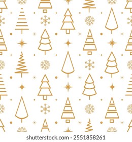 Árboles de Navidad sin patrón. Árboles de navidad dorados, copo de nieve, estrella dorada sobre fondo blanco. Diseño para textiles, papel de regalo. Ilustración vectorial