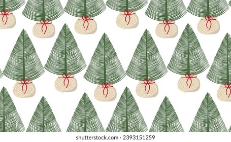 Christmas trees seamless pattern, green fir on white background.