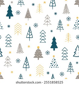 Árvores de Natal padrão sem costura. Árvores de natal verdes, amarelas e cinzas sobre fundo branco. Design para têxteis, papel de embrulho para presente. Ilustração vetorial