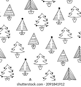 Christmas trees seamless pattern, hand drawn fir-trees winter background