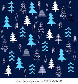 Christmas trees seamless pattern on dark blue background. Spruce winter pattern