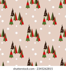 Christmas trees seamless pattern on brown background. Scandinavian winter hand-drawn for fabric and design.