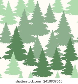 Christmas trees seamless pattern on light background. Forest green bonatical design with fir for home textiles, interiors, cotton fabric, wrapping paper. Vector illustration.