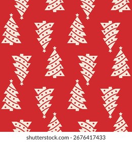 Christmas trees seamless pattern on red background. Design template for wallpaper,fabric,wrapping, textile.