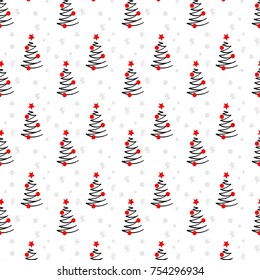 CHRISTMAS TREES SEAMLESS PATTERN. PAINTED BRUSH ART. ABSTRACT OUTLINE DECORATIVE BACKGROUND