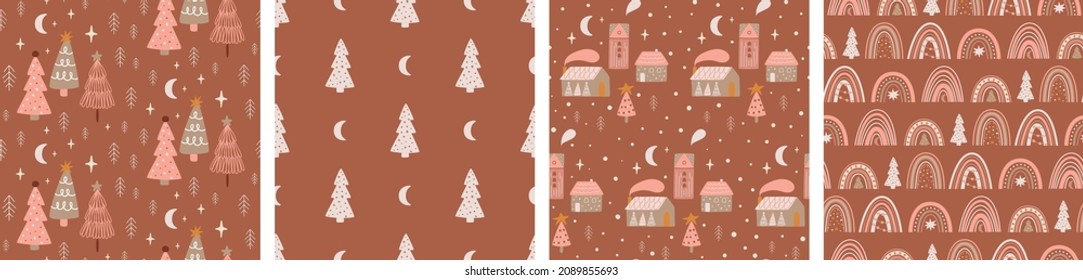 Christmas trees seamless pattern set. Christmas tree scandinavian seamless pattern collection. Winter wonderland pattern wallpaper. Winter forest repeat background. Winter holiday graphic illustration