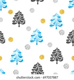 Christmas trees seamless pattern. Vector trendy holiday background with fir-trees in black, blue and golden colors.
