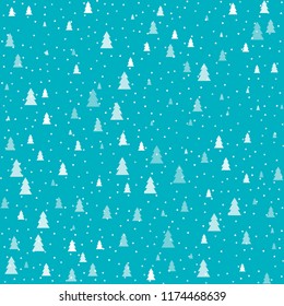 Christmas trees Seamless pattern. Winter happy New Year wrapping paper background. fir tree and snowflakes vintage holiday decor, vector illustration on ice blue. cute ornament