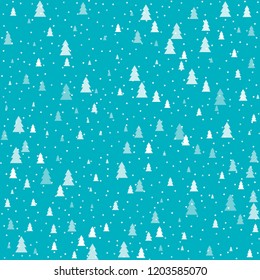 Christmas trees Seamless pattern. Winter happy New Year wrapping paper background. fir tree and snowflakes vintage holiday decor, vector illustration on ice blue. cute ornament