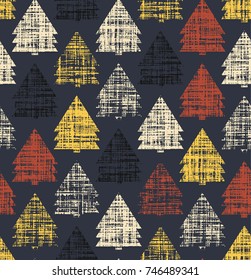 Christmas trees seamless pattern. Winter holidays background. Fabric Xmas grunge texture, wallpaper, backdrop.