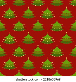 Christmas trees seamless pattern. Xmas trees with garland on red background. Happy New Year. Christmas background. Festive design for print on wrapper paper, fabric, packing. Vector illustration