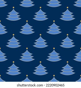 Christmas trees seamless pattern. Xmas trees with star on blue background. Happy New Year concept. Christmas background. Festive design for print on wrapper paper, fabric, packing. Vector illustration
