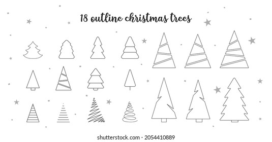 Christmas Trees - set of 18 black outline icons. Merry Christmas and Happy New Year 2022. Vector illustration.