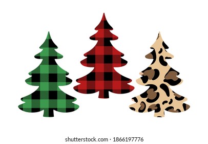 Christmas trees set with Buffalo plaid ornament in red, green and leopard print. Tartan plaid for festive background. Design for greeting card, pattern, banner.  Vector flat illustration.