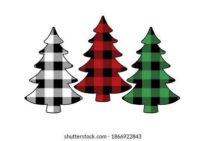 Christmas trees set with Buffalo plaid, gingham ornament in red, green and white. Tartan plaid for festive background. Design for greeting card, pattern, banner.  Vector flat illustration.