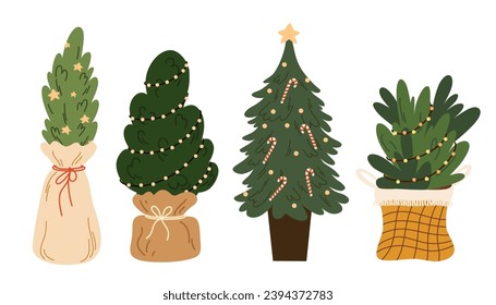 Christmas trees set decorated with festive baubles, garland. Xmas spruce with festive decoration, Traditional holiday, pine branches in craft paper. Artificial spruce on stand. Vector illustrations