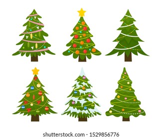 Christmas trees set. Decorated winter tree with Garland lights, decoration balls and lamps. Merry Christmas and a happy new year. Vector illustration isolated on white background.