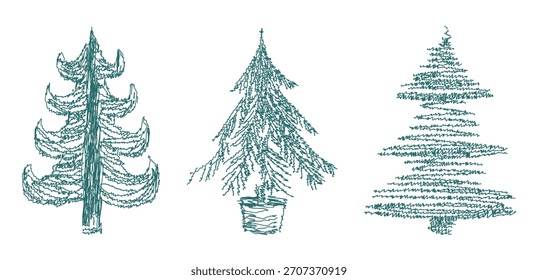 Christmas trees set, doodle abstract vector drawings on white background