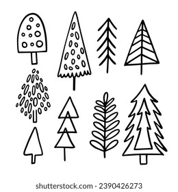 Los árboles de Navidad le pusieron un elemento doodle. Dibujo vectorial de signo de vacaciones, dibujo a mano de arte vectorial. Aislado sobre fondo blanco.