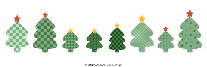 Christmas trees set. Elements in retro style with checkered pattern. Groovy New Year patch, sticker. Vector illustration.