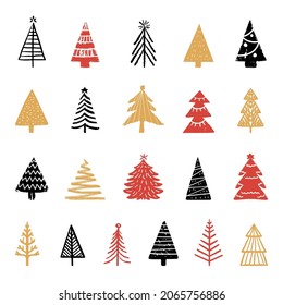 Christmas trees set, flat design in vector. Color spruce forest, pattern on white background. New Year seamless background.