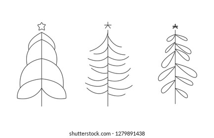 Christmas trees set, hand drawn monochrome coniferous forest trees with contour lines vector Illustration