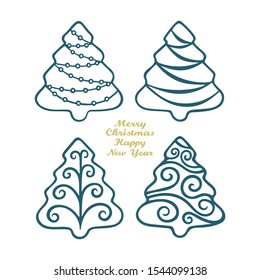 Christmas trees set.  Hand drawn Christmas trees vector illustrations collection. Merry Christmas and Happy New Year hand lettering. Holiday fir-tree sketch drawings. Part of set.