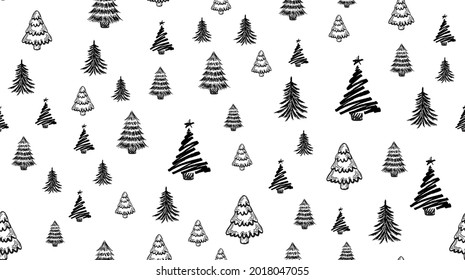 Christmas trees set, hand drawn. Vector illustration.	