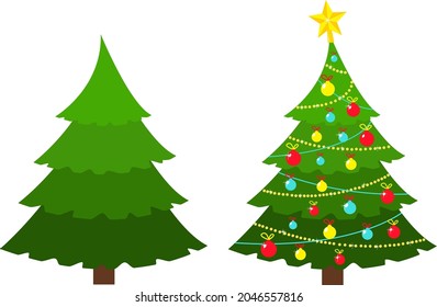 Christmas trees. A set with isolated decorative winter objects - a star, toys, garlands, Christmas trees on a white background. The spruce is green.