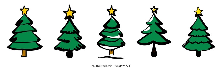 Christmas trees set isolated on transparent background. Colorful winter trees collection for holiday xmas and new year