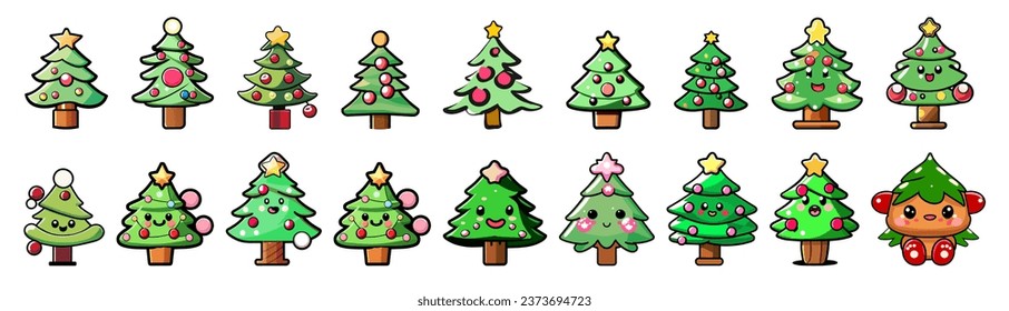 Christmas trees set isolated on transparent background. Colorful winter trees collection for holiday xmas and new year
