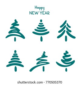 Christmas trees set isolated on white background. Holiday illustration. Design element for greeting cards and etc. Hand drawn style.