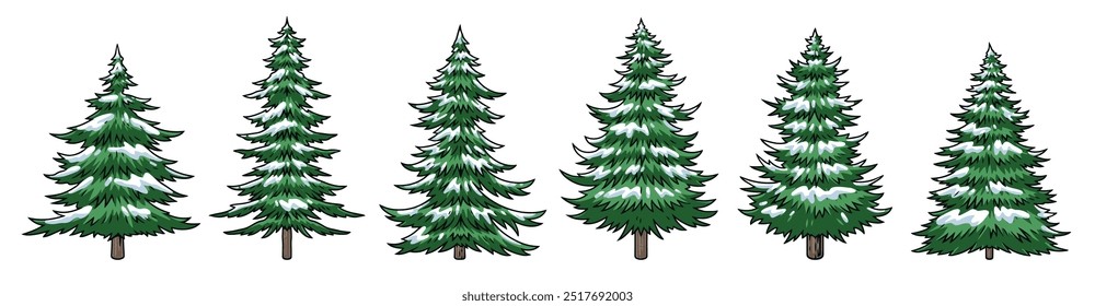 Christmas trees set logotypes colorful coniferous fir with snow on branches for design stories about new year holidays vector illustration