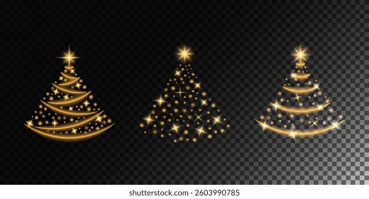 Christmas trees. Set of luminous elements, light, shiny rays, luminous lines, New Year's luminous decorations, rays of light. Set of lighting effects, effect 10. Set of isolated objects 27.