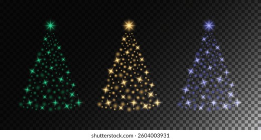Christmas trees. Set of luminous elements, light, shiny rays, luminous lines, New Year's luminous decorations, rays of light. Set of lighting effects, effect 11. Set of isolated objects 28.