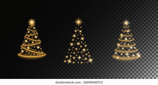 Christmas trees. Set of luminous elements, light, shiny rays, luminous lines, New Year's luminous decorations, rays of light. Set of lighting effects, effect 12. Set of isolated objects 29.