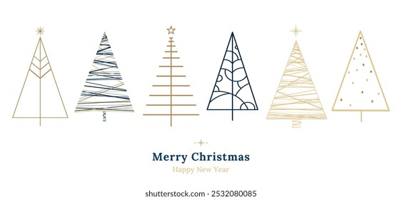 Weihnachtsbäume in minimalistischen linearen Stil Zeichnung gesetzt. Handgezeichnete skandinavische Weihnachtsbäume geometrischen Stil Design-Kollektion. Abstrakte Weihnachtsdekoration. Moderne Kiefern. Vektorgrafik