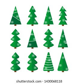 Christmas trees set. Modern flat design collection of simple fir-tree with snowflakes. Vector illustration. Can be used for greeting card, invitation, banner, web