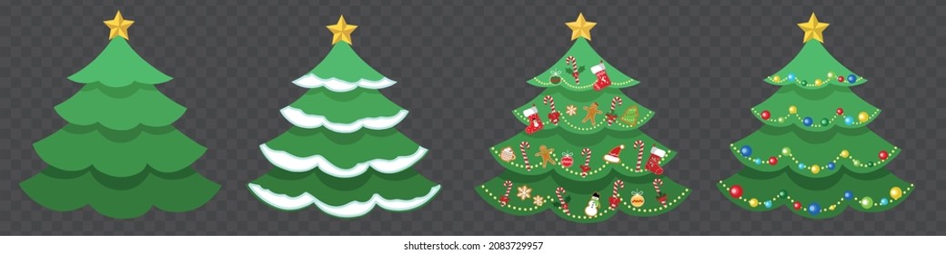 Christmas trees Set New Year and Christmas different decorated trees isolated on white background. Can be used for celebration cards or banner designs or for any other use. Decorative Christmas Tree.