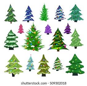 Christmas trees set for new year or christmas holiday in vector. Isolated green, blue, purple and other tree with toys and different decoration