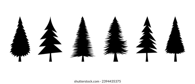 Christmas trees set. New Year's decorative elements of nature and forest trees black silhouettes. Pine, fir, spruce illustration. Set hand drawn simple silhouette of Christmas tree for winter holidays