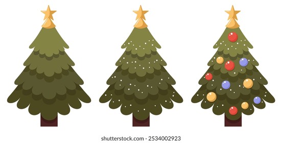 Weihnachtsbäume auf weißem Hintergrund. Cartoon im flachen Stil. Fichtenbaum mit Weihnachtsschmuck. Vektorgrafik.