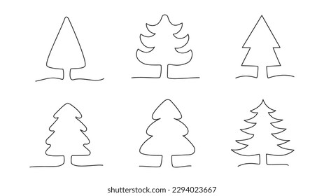 Christmas trees, set in one line drawing style, vector illustration