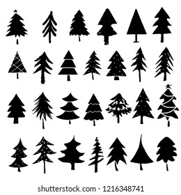 Christmas trees set. Sketch hand drawn icons. Isolated on white background