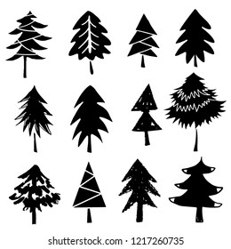 Christmas trees set. Sketch hand drawn icons. Isolated on white background